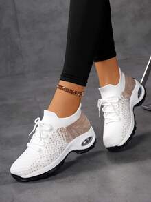 2025 New Knitted Breathable Sports Shoes For Women, Air Cushion Shock Absorbing Casual Shoes, Sock-Style Versatile Lightweight Walking Shoes, Fashion Color Blocking Comfortable Running Shoes, All Season Soft Bottom Women Shoes - White - View 11