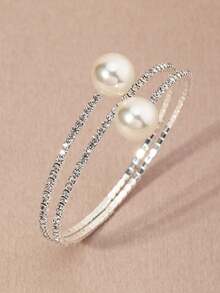 NAIZHU Rhinestone & Faux Pearl Decor Bangle - Silver - View 5