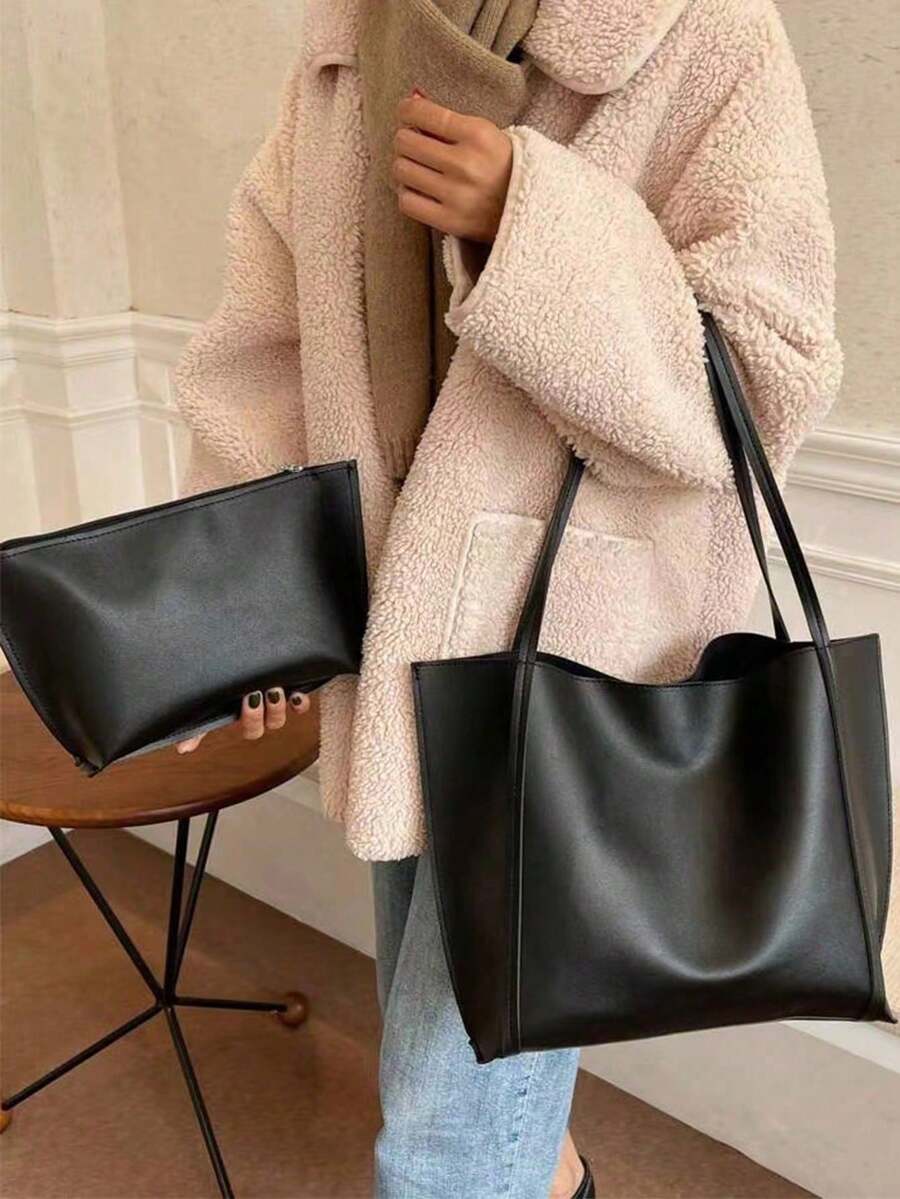 Minimalist One Shoulder Tote Bag With Inner Pocket, Black Vintage Tote Bag, Large Capacity Solid Color Shoulder Bag With Inner Pocket, Backpack, Large Capacity, Portable, Classic Casual, Business Casual, Suitable For Teenage Girls, Women, College Students, White-Collar Workers, Perfect For Work, Back To School, Middle School, High School, College, Vacation And Other Occasions. - Black - View 1