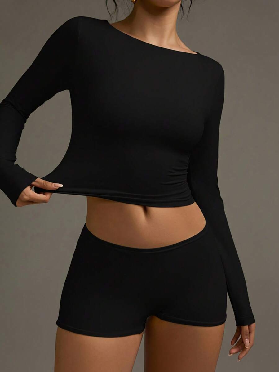 XLLAIS Damen Y2K Sexy Baddie Basic Schwarzes Crop Top, Lässiges hochdehnbares Doppellagen Boot-Ausschnitt Langarm Figurbetontes T-Shirt, Frühling/Sommer - Schwarz - Übersicht 1
