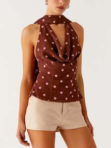 Women's Polka Dot Halter Neck Top With Scarf, Y2K Backless Slim Cowl Neck Tank Tops Sleeveless Crop Tops For Summer Streetwear Fashion Vintage Vest Shirt Going Out Top Daily Wear - 深棕 - 查看 1