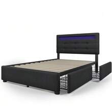 Bed Frame With LED Lighting And 2 Drawers, Single Upholstered Bed 90x200cm, Height-Adjustable Headboard, Wooden Slatted Base, Grey (Mattress Not Included) - 黑色 - 查看 6