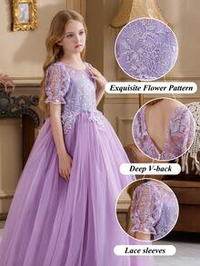 Tween Girl Lavender Lace Trim Deep V Back Mesh Graduation Elegant Princess Dress, Suitable For Girls Birthday Party, Wedding, Bridesmaid, Holiday Celebration, Graduation - Purple - View 9