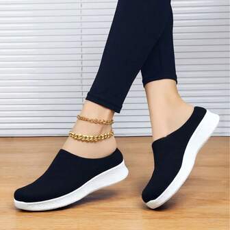 女士全黑套脚运动鞋，轻便减震休闲运动针织袜鞋，适合跳舞