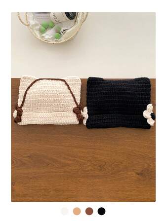 Y2K Colorblock Cat Ear Knit Hat, Handmade Hollow Colorful Retro Floral Turban Headband Cap For Women, Breathable Versatile Knitted Beanie Hat With Ribbon Bow, Seasonal