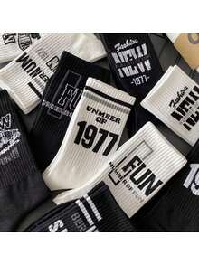 5双男士中筒袜，适合秋冬季节，水手风，防臭，百搭，美式运动字母设计，高筒袜，INS风格，全年皆可穿着 - 白色 - 查看 9
