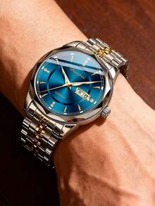 Dianpai Men's Automatic Mechanical Watch, Stainless Steel Band With Dual Calendar, Rhinestone, Gradient Round Dial, Business Casual, Waterproof, Luminous Wristwatch - Blue - View 7