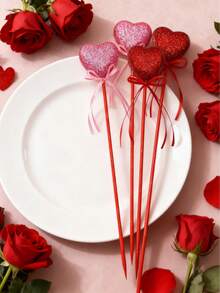 6 piezas de Palitos con flores con forma de corazón y brillo: Decoración de Día de San Valentín en rojo y rosa, adecuados para ramos de San Valentín, cumpleaños, jarrones del hogar, decoraciones de boda y arreglos florales - Diseño de corazón brillante con acentos de cinta, perfecto para decoración floral romántica y ramos de regalo - Multicolor - Ver 3