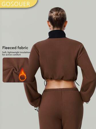 GOSOUER Women's Fashion Sports Outdoor Leisure Crop Thermal Lined Thickened Zip Up Jacket With Pockets For Autumn And Winter