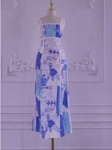 Floral Print Camisole Dress, Casual Loose Summer Beach/Holiday Dress For Women, Party Dress, For Cocktail - Blue - View 1