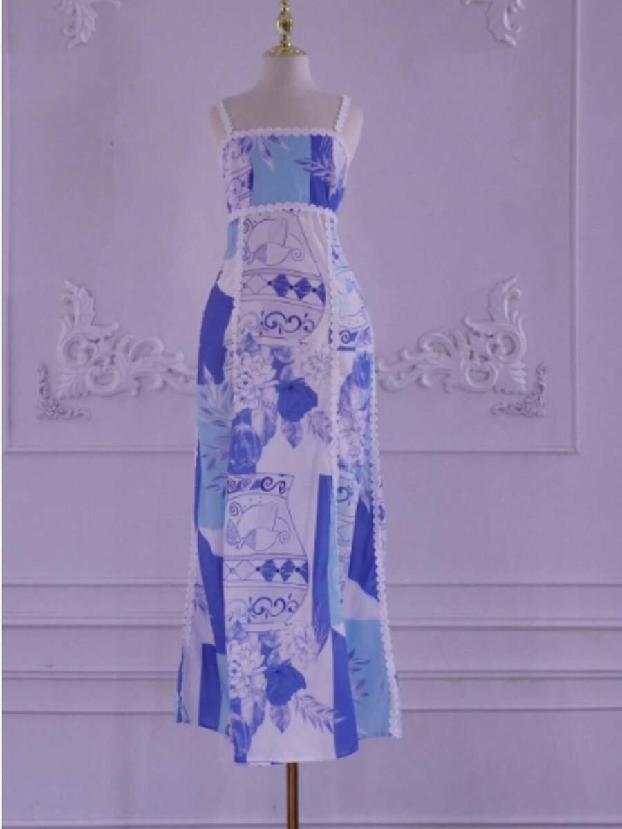 Floral Print Camisole Dress, Casual Loose Summer Beach/Holiday Dress For Women, Party Dress, For Cocktail - Blue - View 1