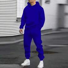 Men's Autumn Suit Casual Sports Solid Color Hoodie Men's Two-Piece Set Loose Sweatshirt Men's Clothing - 寶藍色 - 查看 12