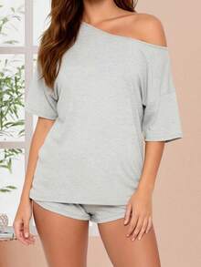 Women Summer Pajama Set Solid Color Off Shoulder Short Sleeve Tops And Mini Shorts 2 Piece Lounge Outfit - Black - View 1