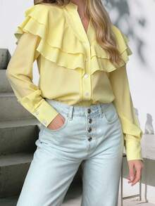 Women's V Neck Ruffle Shirts Fashionable Solid Color Long Sleeve Loose Fit Button Down Blouse - Yellow - View 2