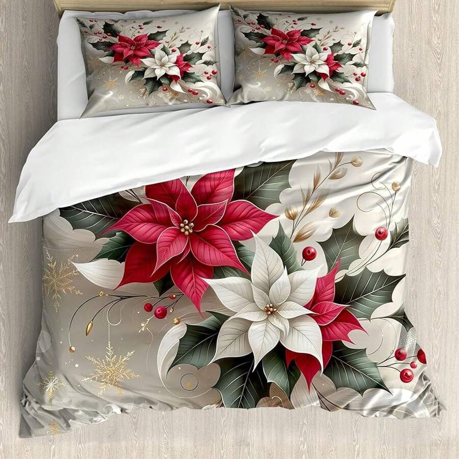 Winter Duvet Cover Set, Merry Theme Delicate Snowflakes, Vintage Holiday Pattern, 3 Piece Bedding Set With 2 Pillow Shams, Size, Teal White - 淡朱紅色和灰藍綠色 - 查看 1