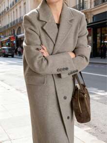 秋冬新款女装经典双排扣长款大衣派对优雅时尚纯色翻领开衫外套休闲复古宽松羊毛外套韩版OL商务冬装女式圣诞新年穿搭 - 灰色 - 查看 1