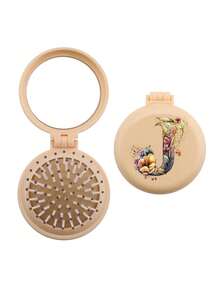 Brodark 1个象牙色和米色花卉图案26字母迷你镜梳，小巧便携，女士必备气垫梳，可折叠气垫按摩梳，镜子和梳子一体设计，旅行和露营配件，返校必备 - 黃色 - 查看 25