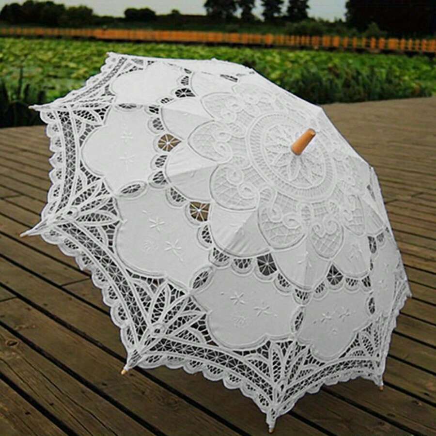 Bridal Wedding Decoration Umbrella For Photoshoot White Vintage Lace Parasol Victorian Style Sunshade For Women Decoration Photo Tea Party - 白色 - 查看 1