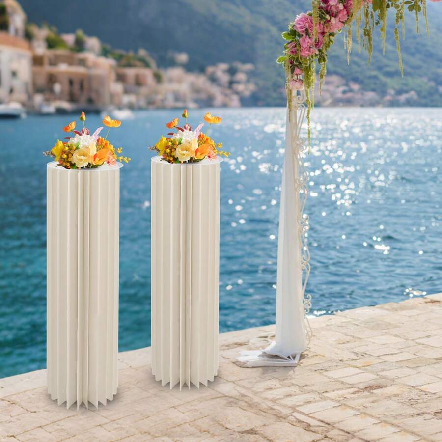 39.4in Tall Foldable Paper Columns, 2 Pcs Display Pedestals, Cream White Wedding Centerpieces Display, Cylinder Flower Stand With Acrylic Panel, Paper Pillar For Engagement, Birthday, Party, Decoration(42 Cardboard, 100.23lbs Load Capacity)