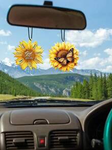 Ambientador de coche con flor de hibisco | Set de 5 piezas de accesorios de coche con aroma duradero y diseño lindo en color rosa para playa | Decoración colgante para espejo retrovisor interior del coche con aroma para mujeres y adolescentes