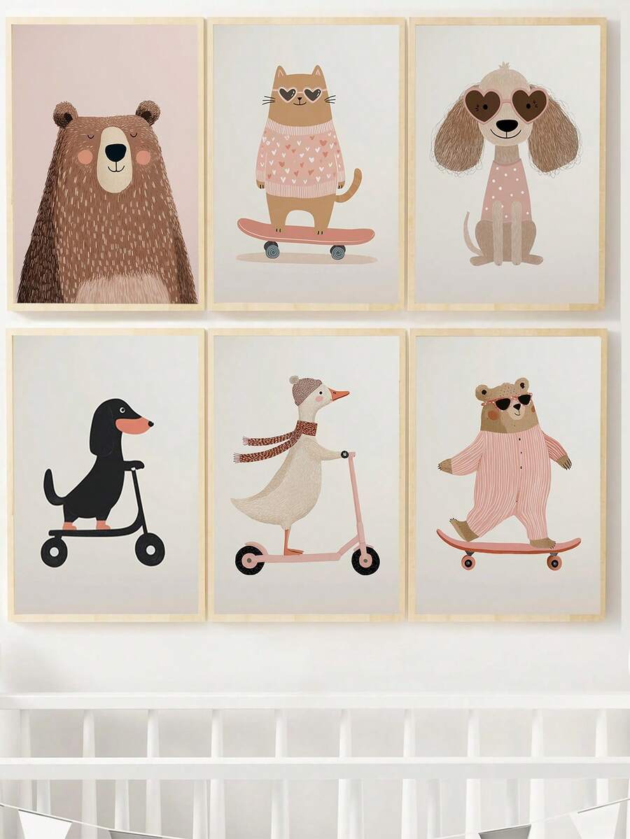 1幅装裱帆布墙画，可爱粉色小熊儿童房装饰画，生动的动物插画，适合女孩房、儿童房、婴儿房、游戏室装饰，防水。派对装饰礼物、生日礼物、女孩卧室婴儿用品、男孩礼物、婴儿房装饰 - 彩色 - 查看 1