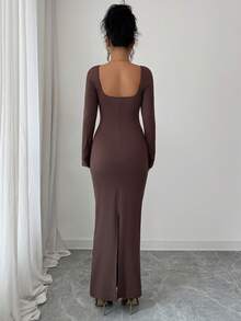 Đầm ôm body tay dài ren trơn màu cho nữ - màu nâu - Xem 2