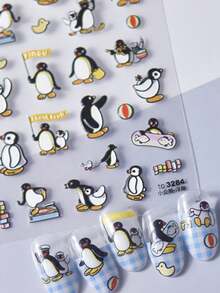 1片浮雕可爱小企鹅卡通动物5D美甲贴纸，纹理北极角色美甲贴花，女士趣味设计美甲贴纸，适用于长短指甲，自粘装饰