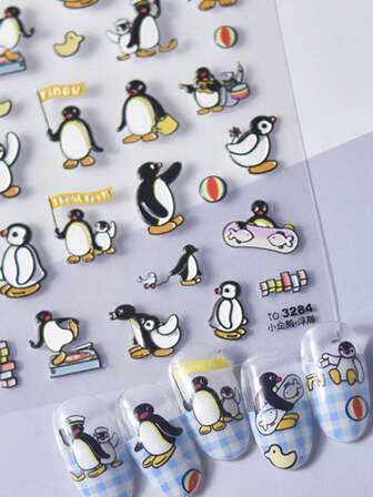 1 pieza Pegatinas de arte de uñas 5D con textura de pingüino de dibujos animados lindo y grabado, personaje ártico para manicura, diseño juguetón, pegatinas de uñas para uñas largas y cortas, decoración autoadhesiva