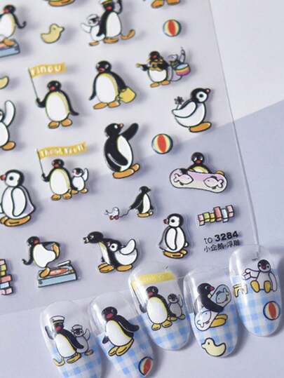 1片浮雕可爱小企鹅卡通动物5D美甲贴纸，纹理北极角色美甲贴花，女士趣味设计美甲贴纸，适用于长短指甲，自粘装饰