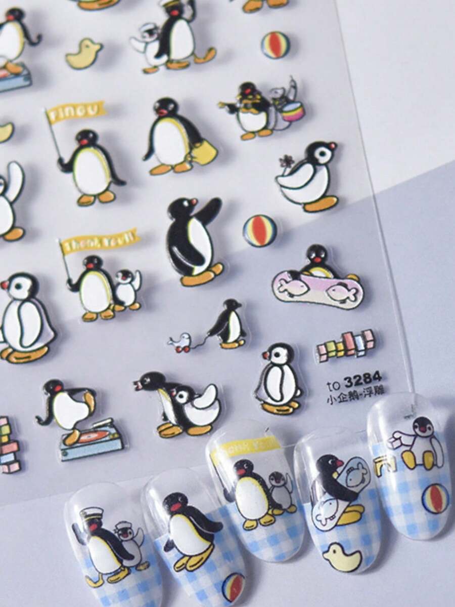 1片浮雕可爱小企鹅卡通动物5D美甲贴纸，纹理北极角色美甲贴花，女士趣味设计美甲贴纸，适用于长短指甲，自粘装饰
