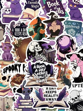 50张书卷气贴纸套装 - 混合颜色，卡通图案，适用于笔记本电脑、日记本和手机壳 | 耐用PVC材质，自粘式，一次性使用