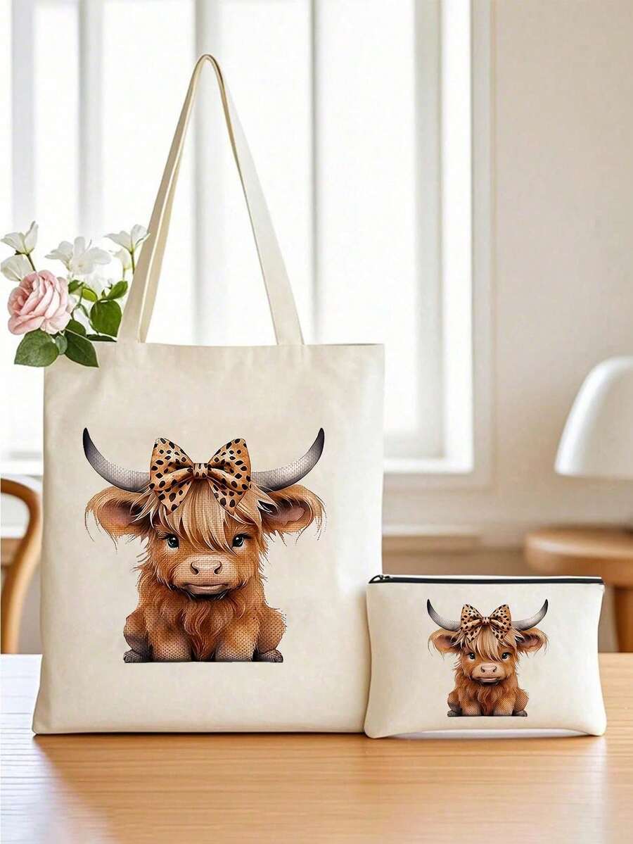 2 Peças Conjunto de Bolsas Estampadas com Tema de Vaca das Terras Altas, Inclui Porta-Moedas, Bolsa Envelope, Nécessaire com Zíper, Embalagem de Presente Personalizável, Bolsa Sacola Multifuncional de Desenho Animado, Essencial de Praia, Bolsa Feminina de Verão, Perfeita para Viagem, Férias, Feriados e Praia, Adorável Padrão de Vaca das Terras Altas com Nécessaire Pequeno com Zíper, Sacola Reutilizável, Design Compacto para Uso Diário