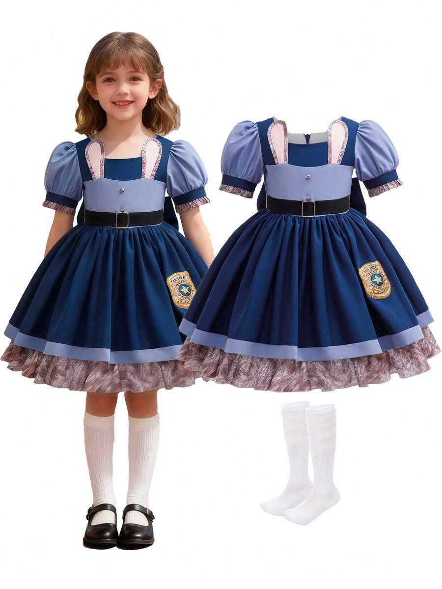 2pcs/Set Children Rabbit Animal Costume With Bowknot Princess Dress, Suitable For Birthday Party, Halloween, Carnival, Easter, Includes Socks - Royal Blue - View 1