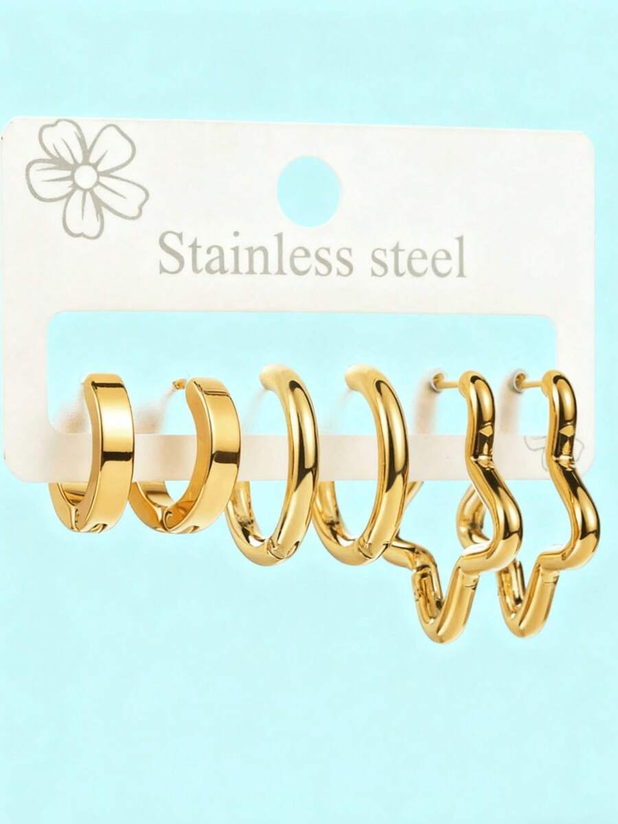 3对极简几何耳环套装，不锈钢耳钉，独特设计，适合作为圣诞节或生日礼物 - 均碼 - 查看 1