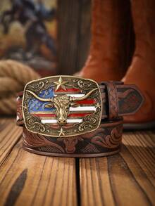 1 件男女通用波西米亚西部风格金属扣复古深棕色 PU 皮带，适合休闲和个性化搭配（含打孔器）