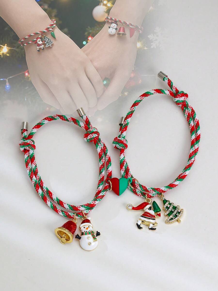 两件套可调节心形磁绳手链，配有各种圣诞老人吊坠，包括铃铛、雪人、圣诞老人、圣诞树等，简约风格，编织而成，附赠首饰盒，情侣/爱人礼物，友谊/闺蜜手链，圣诞节礼物，学生时尚单品
