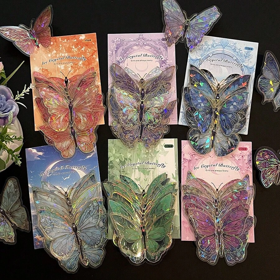 10pcs Laser Hot Stamping Butterfly Wall Stickers, Three-Dimensional Exquisite PET Retro Decoration, Handmade Tent DIY Stickers, Bedroom Creative Decoration - 天藍色 - 查看 1