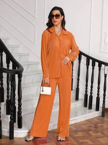 时尚休闲百褶衬衫和阔腿裤两件套女士