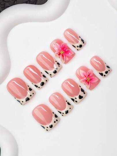 10pcs Square Shaped Handmade Nail Tips, Y2K Baddie Style, Nude & Beige Color With French Tips, Cream & Floral Design, Handcrafted Wearable Nails, Suitable For Women & Girls, Party, Wedding, Daily Wear, Includes Tool Kit, Great Gift For Ladies