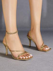 Giày sandal cao gót mũi vuông màu vàng ánh kim dành cho nữ mùa xuân/hè, kiểu dáng gợi cảm, tối giản, thoải mái, giúp tăng chiều cao và chiều dài đôi chân. - Vàng - Xem 3