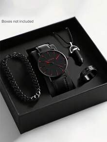 4/1pc Boys' Fashion Business Casual Quartz Watch Set With Stylish Bracelet, Pendant Necklace And Ring, Suitable For Boys To Wear Daily, Great Gift For Birthday, Graduation, Friends And Family - Multicolor - View 2