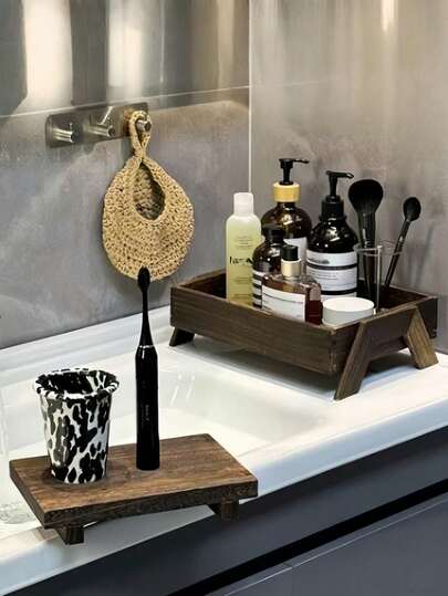 1pc Retro Wooden Vanity Tray, Bathroom Countertop Jewelry Display Organizer, Skincare Products, Toothbrush Holder, Bedroom Dresser Makeup Cosmetic Storage Rack