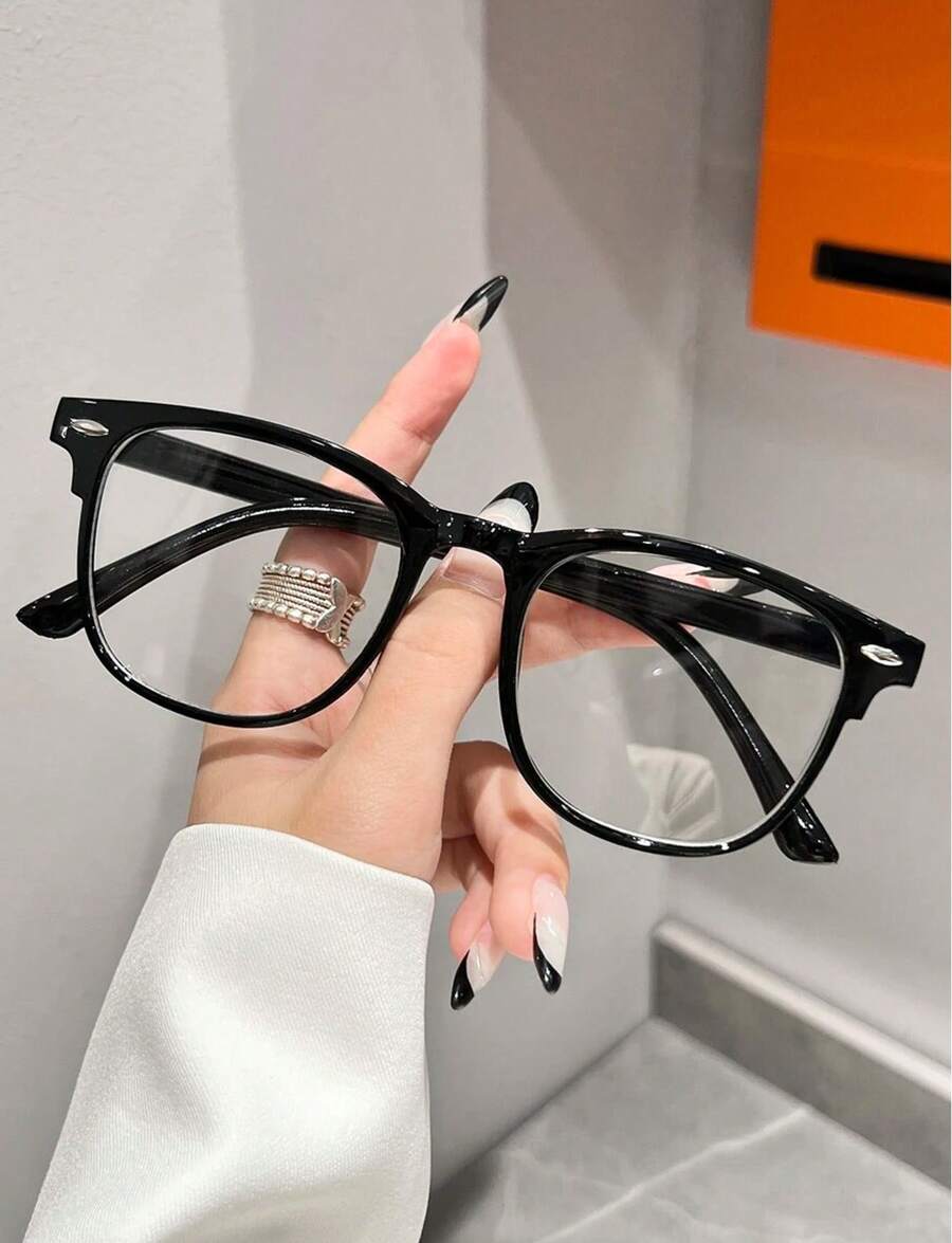 1 Pc Women Black Plastic Oval-Shaped American Style Sexy Girl Hotgirl Campus Inspired Fashion Plain Glasses For Daily Office And School Use - 黑色 - 查看 1