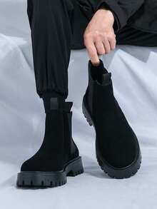 男士切尔西靴，一脚蹬圆头踝靴，欧式厚底工作靴，黑棕麂皮高帮靴，复古摩托靴，适合户外徒步和驾驶的复古休闲高帮鞋，哑光办公日常鞋，透气轻便防滑四季特大码男鞋38-46，商务正装办公踝靴 - 黑色 - 查看 4