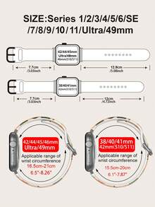一条印有苹果图案的硅胶智能手表表带。这款通用型 20-22 毫米表带具有广泛的兼容性：兼容华为 Watch GT3/GT4、三星 Galaxy Watch6 以及 Series 1 至 Series 9、SE 和 Ultra（表壳尺寸 38-49 毫米）。