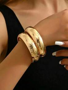 1 Set Minimalist Chic European Style Metallic Smooth & Hammered Texture Zinc Alloy Bangle Bracelet, Suitable For Women's Daily Wear - Yellow Gold - View 10