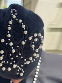 Design Hip Hop Pearl Bow Black Plush Knitted Hat Women's Autumn And Winter Warm Baotou - 黑色 - 查看 3