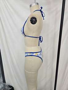 New Ladies Randomly Printed Two Pieces Va Va Voom Beach Bikini Suit With High Waist Pleats And Rope Halter. - Multicolor - View 2