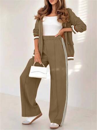 2 st enfärgad bandad kavaj och randiga vida raka byxor, damset för kontoret