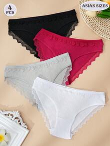 4件装网红热销女士纯棉内裤，罗纹蕾丝边饰，可爱甜美风格，时尚独特设计，黑、白、灰、红四色可选，适合日常休闲穿着，百搭仙气，优雅百搭。